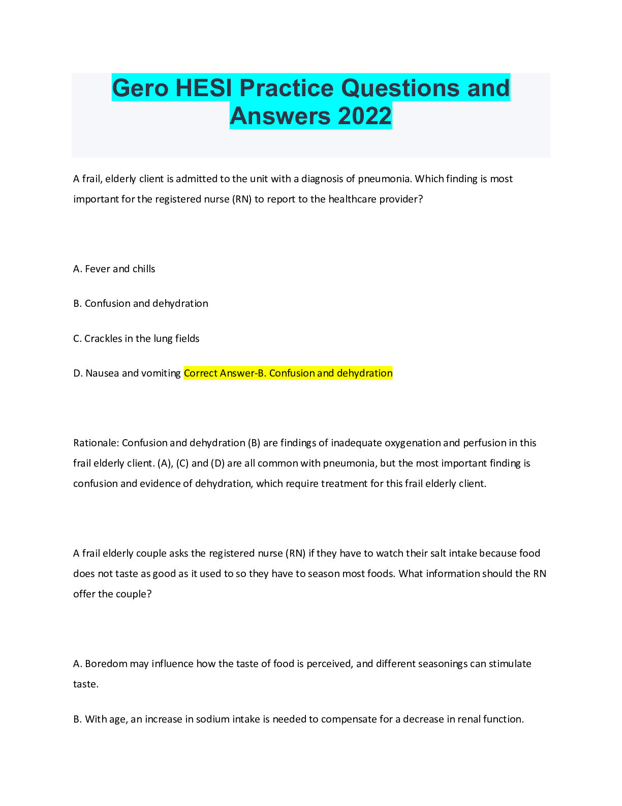 Preview of Gero HESI Practice Questions and Answers 2022